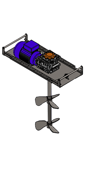 A drawing of the FluidPro DM-70 drum mixer with two marine impellers and a mounting bridge.