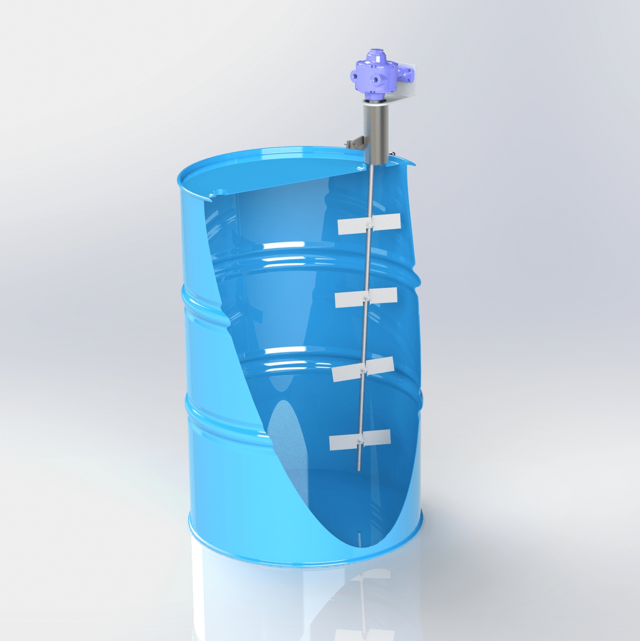 A rendered image of a drum mixer with an air driven motor, mounted to a drum. The blue drum is a cross section to reveal the folding impeller blades.